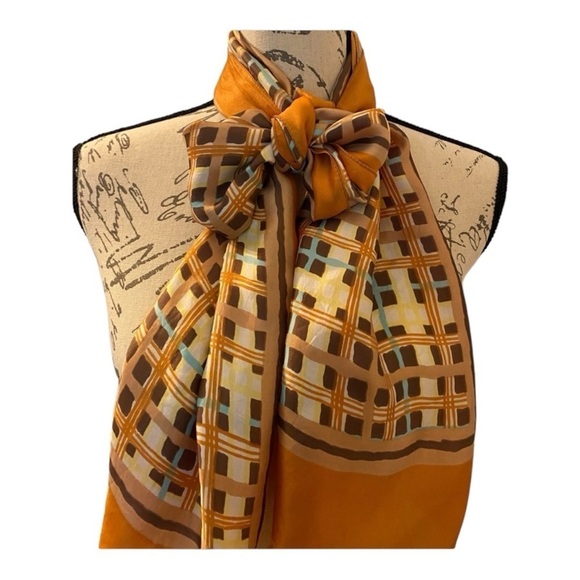 JACQUES PIAGET vintage scarf,circa 1960s, gold, brown and orange geometric print - Picture 3 of 4